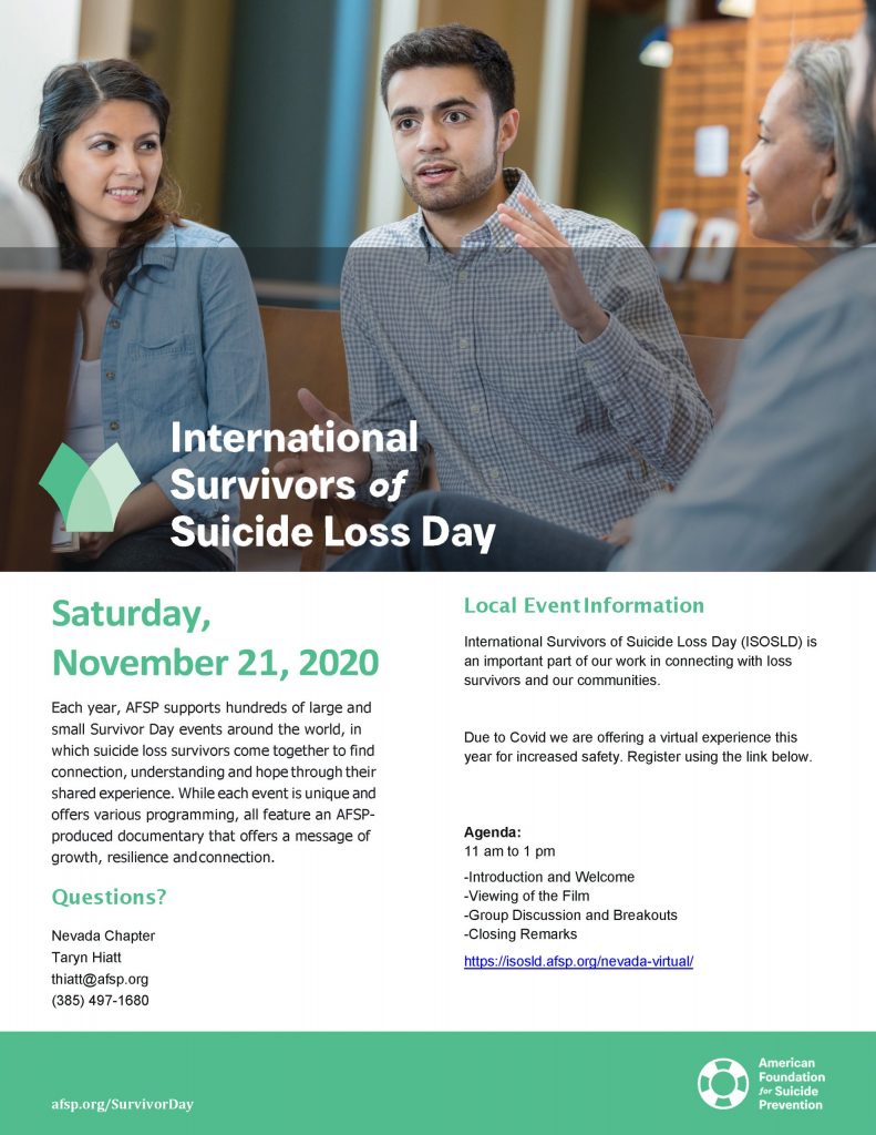 International Survivors of Suicide Loss Day Nevada Statewide Virtual Event Flyer