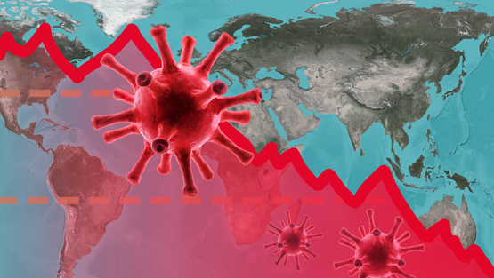 Coronavirus impacts to business, graph of stock market crash on global map. World economy hits by corona virus outbreak.