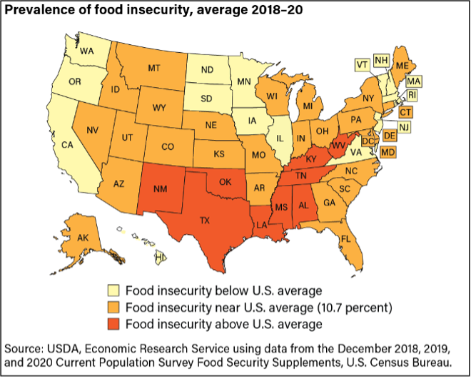 A map of the United States showing the prevalence of food insecurity average for 2018-2020.