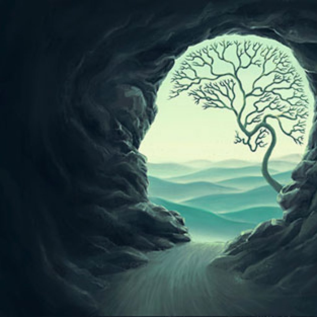 silhouette of a face profile on a dark cave with a tree growing, representing a brain.