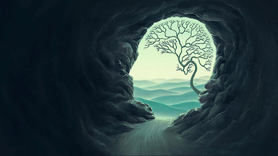 silhouette of a face profile on a dark cave with a tree growing, representing a brain.