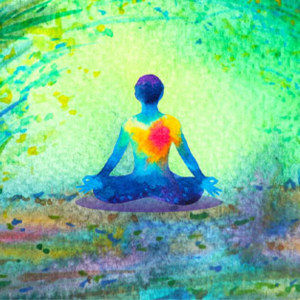 Person meditating with a green aura surrounding them.