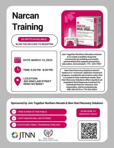 Narcan
Training
50 SPOTS AVAILABLE
SCAN THE QR CODE TO REGISTER!
Ill
e
9
DATE: MARCH 14, 2023
Tl ME: 5:30 PM - 6:30 PM
LOCATION:
450 SINCLAIR STREET
RENO NV 89501
r
• NARCAN~1. oco
NASAL SPRAY 4 mg
ll~ NAIIC\N ' IIIIIUIISfn,bl-.lll'h .
~Wlnl1Xi1t ia ■~lilltri ... dildr-. lf'l!(rtlld -
lrrton1111:f'N .. ki lllfl .. 1J ::~~-=tftl .. N~' MN•ISprr,
o..,;.:::~_,t.l_l.. ..._bt:JDfnalQM11nE!HCJ -
WoPack
Join Together Northern Nevada's mission
is to create a healthy drug-free
community by building successful
partnerships that support prevention,
education, and outreach. 775-324-7557
\.._
r
\.._
New Start Recovery Solutions doesn't
believe in a "universal" addiction treatment
program, so patients will receive a plan that
is curated to their individual needs. New
Start Recovery Solutions offers inpatient ad
outpatient Dual Diagnosis treatment for
individuals that are Veterans, first
responders, airline professionals.
866-303-6275 or 775-622-5654
Sponsored by Join Together Northern Nevada & New Start Recovery Solutions
0 FREE & OPEN TO THE PUBLIC
0 LIGHT SNACKS WILL BE OFFERED
0 QUESTIONS? EMAIL TRAINING@JTNN.ORG
JTNN NEwSTART
RECOVERY Sourno s
SCAN HERETO
REGISTER TODAY!
.,)