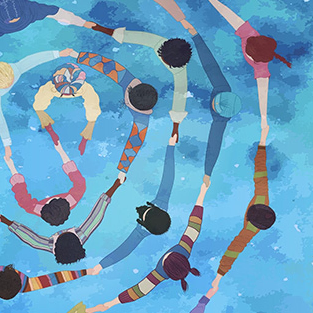 Image is set on a painterly background and a mix of vibrant ocean blues. There is a bird's eye view of a circle of diverse people interlinking arms and making a swirly pattern