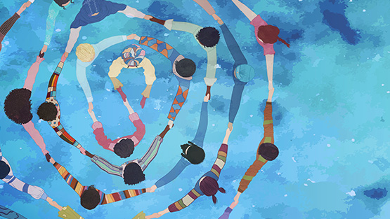 Image is set on a painterly background and a mix of vibrant ocean blues. There is a bird's eye view of a circle of diverse people interlinking arms and making a swirly pattern