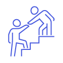 Icon is two humans reaching for one another on a staircase. One is higher up reaching out to the one below with helping ahnds