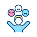 icon depicts a person holding arms out wide and above are three circle emojis showing anger happiness and sadness