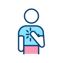 icon depicts a person holding arm to chest with tick marks around the heart indicating anxiety or some sort of body feeling