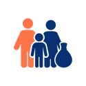 Icons depicts three human figures with a bag on their right. The left most figure is a faint red orange color and the other to are an indigo blue