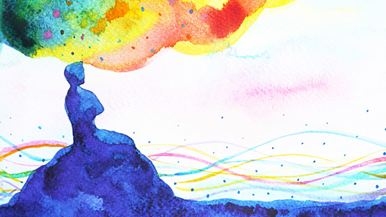 Figure sits contemplatively with rainbow clouds in watercolor style and paper