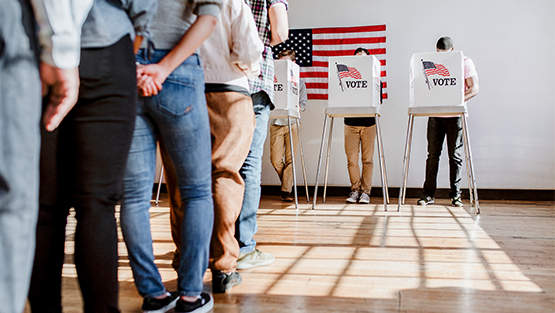 image of people waiting in line to vote while people in the back are casting their ballots