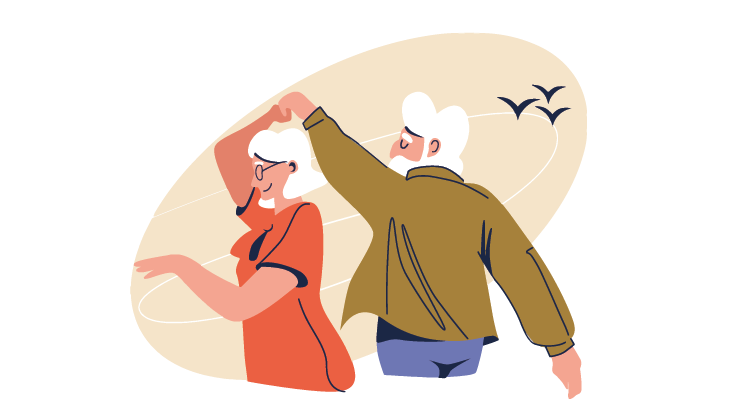 Two elderly people dancing together