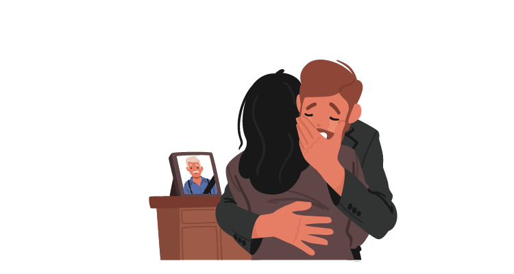 Crying man embraces a friend in hug with portrait of elder man in the background.