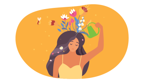 A person waters themselves with flowers, bees, and sparkles dance around her.