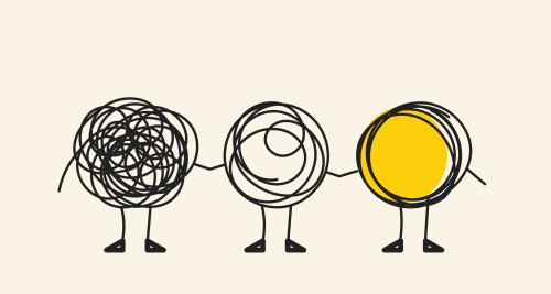 Three circles hold hands. One is scribbly, one less scribbly, and one is yellow.