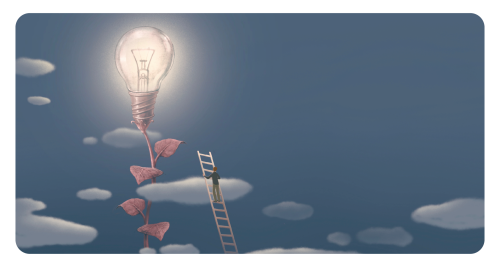 Surreal art, person climbs ladder to reacha. giant vine with light bulb.