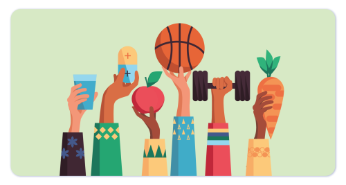 Hands hold up symbols of health and wellness.