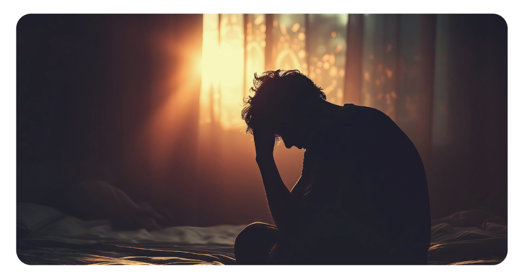 Sun shines through window set in a dark bedroom. Person sits on bed and seems sad.