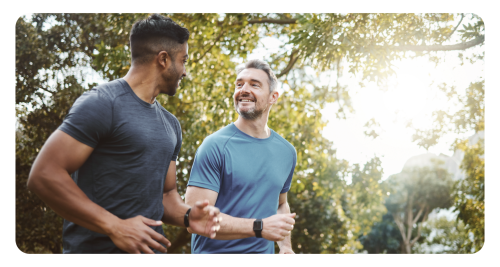 Men run together.