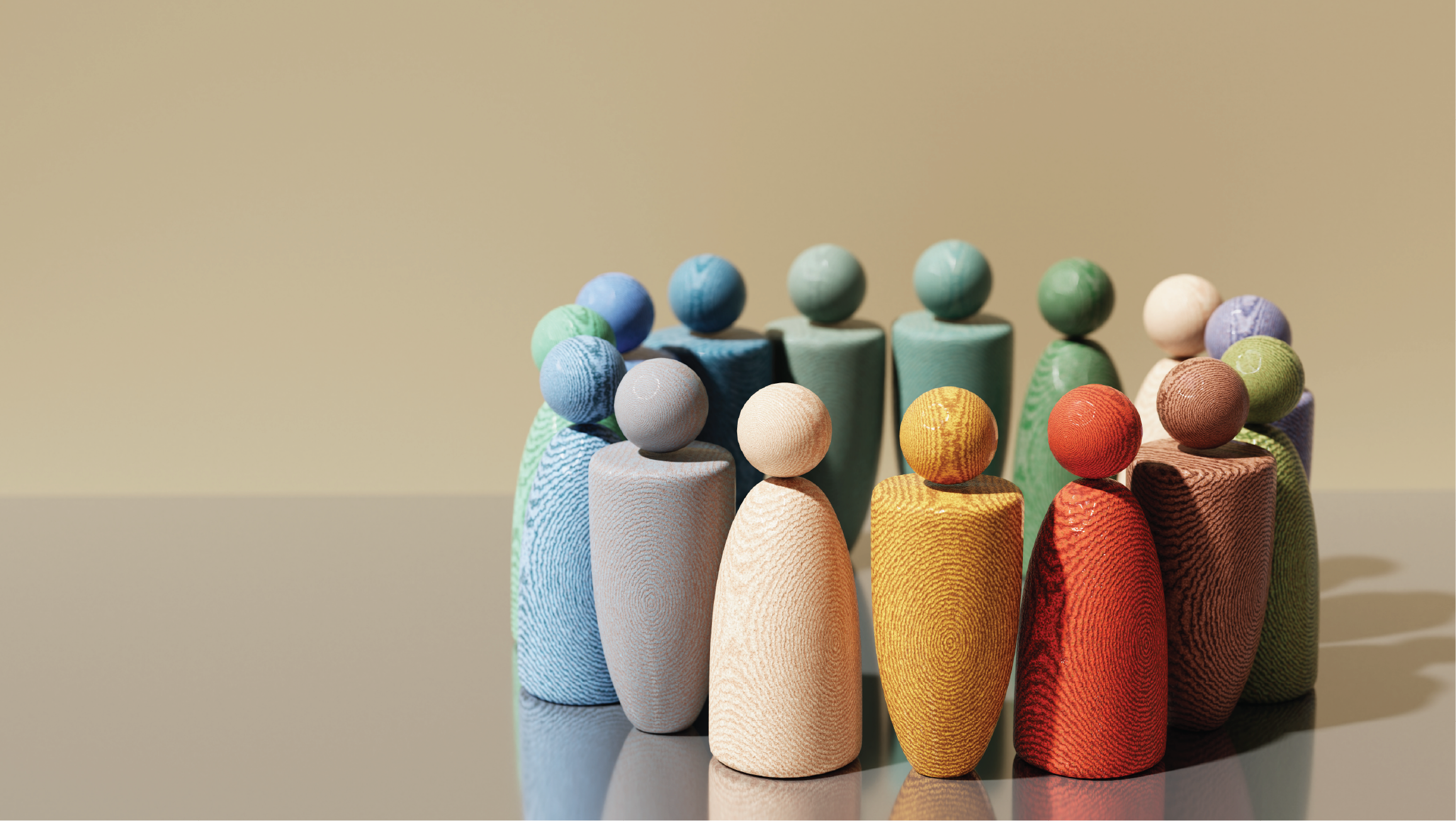Abstract Wooden People – Teamwork, and Success Concept. The scene symbolizes people working together to build ideas, manage resources, and achieve common goals in business.