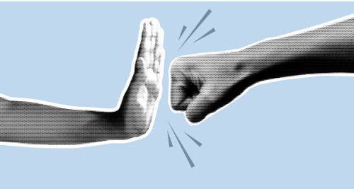 Two hands, one palm facing out to stop the other one that is curled in a fist