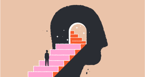 a small person traveling up stairs in their head.