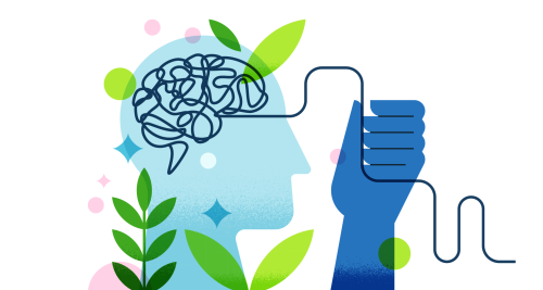 serene abstract image of a head with a brain illustration surrounded by plants