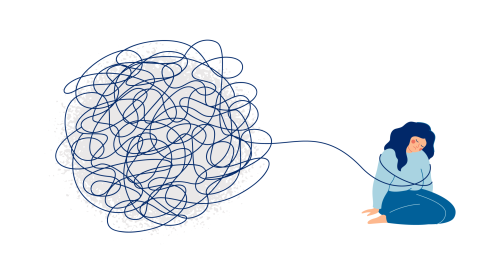 Woman with mental baggage depicted as a scribbley ball