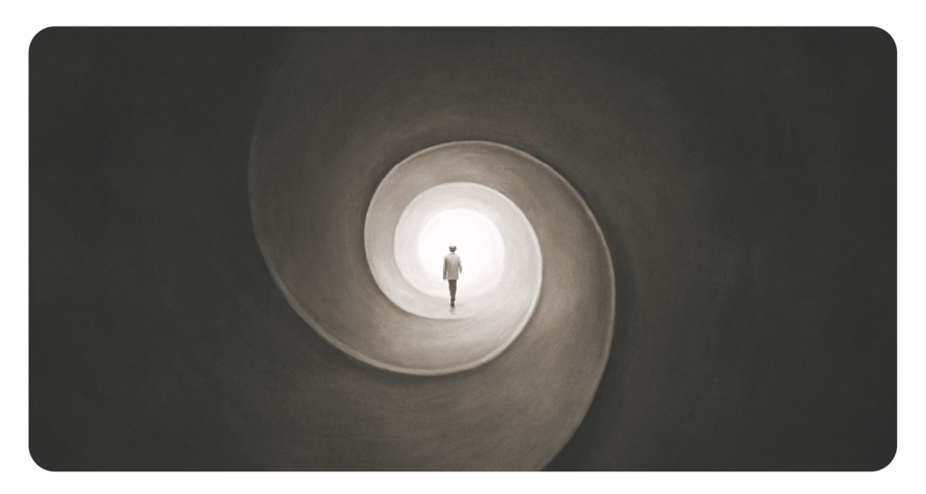 Person walks into a swirling light. Concept of a brighter future.