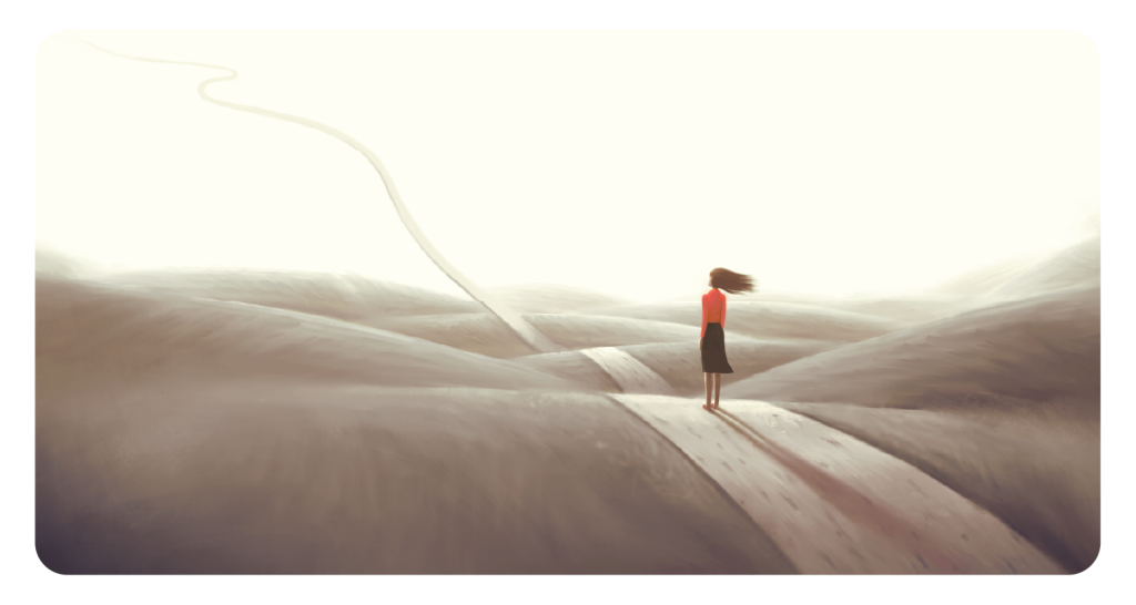 Person looks onto a path laid before them. Brighter lights engulf the path. Concept of hope in future.