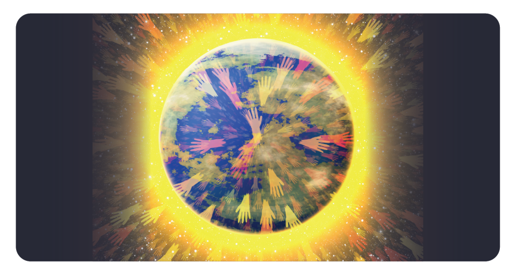 Many different painted hands on earth planet. The view from space. sees a gold light radiating out. Illustration on the theme of unity and helping each other.